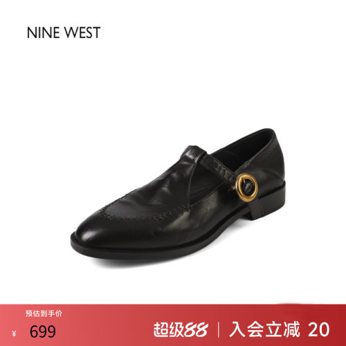 金属圆扣T字搭带低跟软皮皮鞋