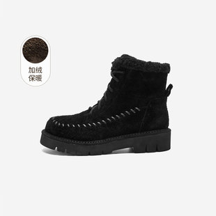 奥莱专供Nine 玖熙加绒复古马丁靴女羊羔毛领厚底保暖短靴女 West