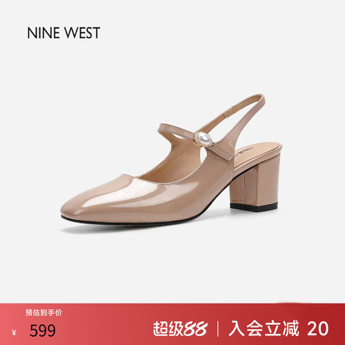 玖熙方头漆皮粗跟后空玛丽珍凉鞋