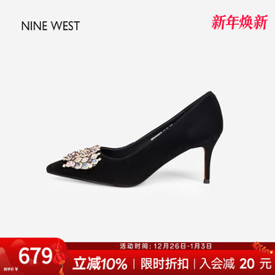 气质细跟尖头单鞋 奥莱专供Nine 女法式 玖熙羊皮水钻高跟鞋 子 West