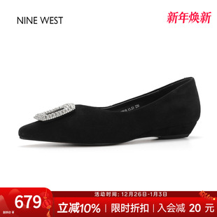 West 通勤鞋 玖熙法式 女水钻方扣平底鞋 尖头浅口单鞋 奥莱专供Nine