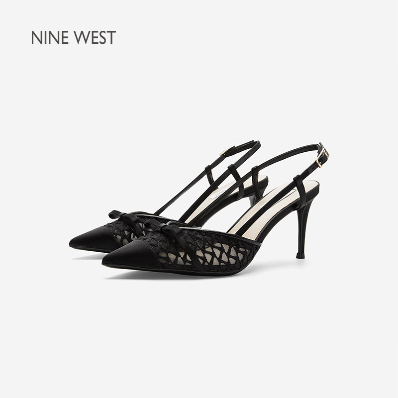 Nine West/玖熙名媛风尖头细跟高跟鞋女镂空编织绑带气质时装凉鞋