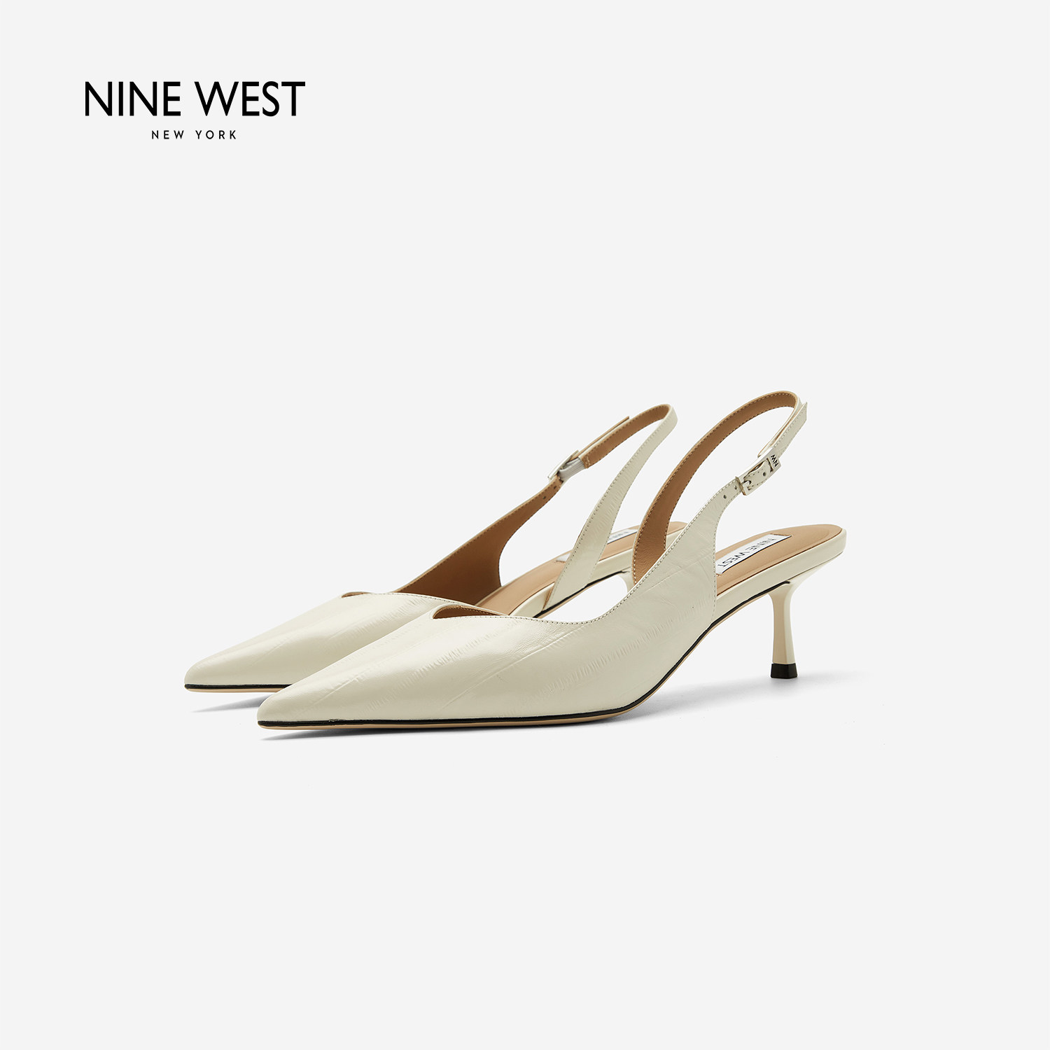 奥莱专供Nine West/玖熙尖头包头凉鞋女细跟后绊带通勤后空高跟鞋