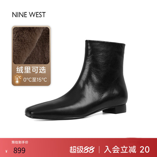 法式复古方头时装靴粗跟靴子