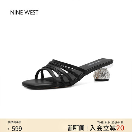 玖熙夏季水钻方头粗跟凉鞋