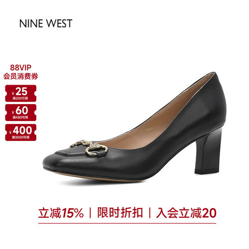 玖熙通勤真皮粗跟法式高跟单鞋