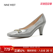 奥莱专供Nine 女粗跟乐福鞋 West 玖熙通勤风方头金属链中跟单鞋