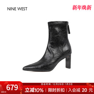 靴弹力瘦瘦靴粗跟短靴高跟短靴冬 玖熙尖头时装 奥莱专供Nine West