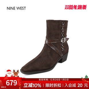 奥莱专供Nine 玖熙皮带扣西部靴切尔西女靴方头短靴粗跟靴子 West