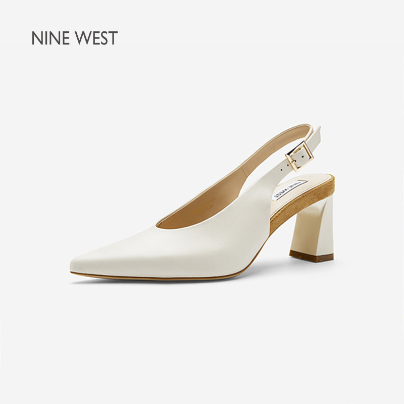 Nine West/玖熙真皮粗跟凉鞋女尖头后空设计金属扣带气质高跟单鞋