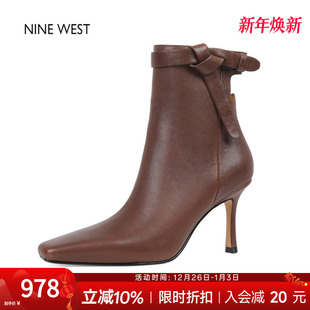 奥莱专供Nine 玖熙细跟短靴高级感方头瘦瘦靴高跟靴子女 West