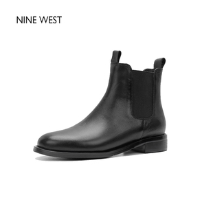奥莱专供Nine West/玖熙新款圆头牛皮切尔西靴马丁鞋粗跟短靴女款