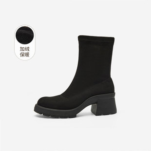 奥莱专供Nine 玖熙加绒弹力靴女圆头厚底通勤短靴女瘦瘦靴 West