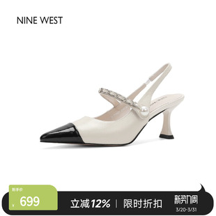 女尖头单鞋 奥莱专供Nine 珍珠一字带细高跟包头凉鞋 玖熙法式 West