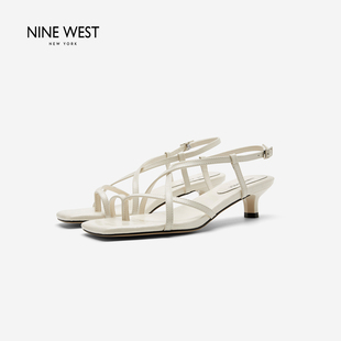 奥莱Nine West/玖熙夏季交叉带细跟凉鞋女中跟时装鞋绑带女鞋