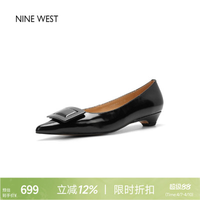 玖熙通勤方头方扣漆皮低跟单鞋
