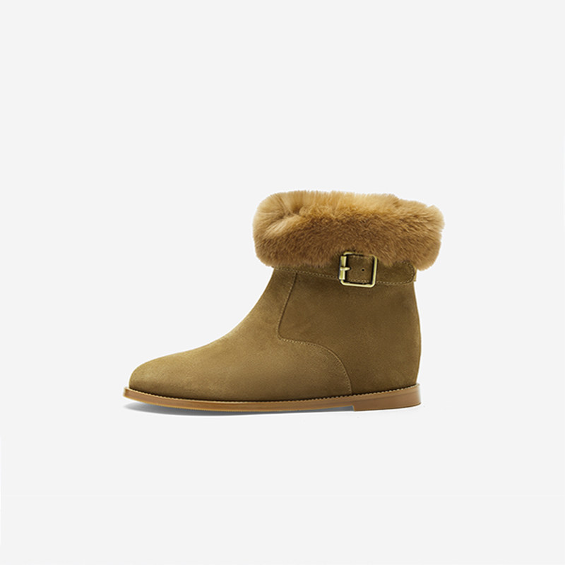 奥莱专供Nine West/玖熙加绒短靴女卡其牛反绒时尚兔毛领保暖女靴