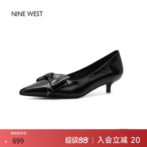 玖熙真皮尖头猫跟蝴蝶结浅口单鞋