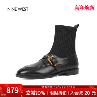 靴子 玖熙圆头弹力瘦瘦靴袜靴粗跟短靴巨好看 奥莱专供Nine West