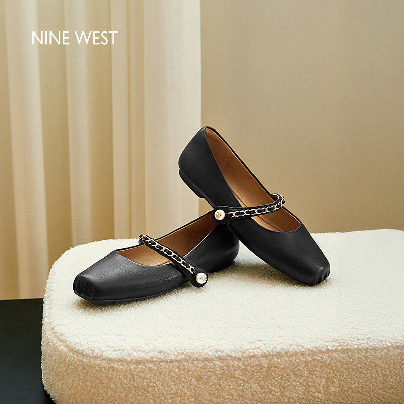 Nine West/玖熙真皮玛丽珍鞋女秋冬平底芭蕾舞鞋银色一字扣晚晚风,女鞋,玛丽珍鞋,淘宝优惠券,粉丝福利购,淘宝优惠卷