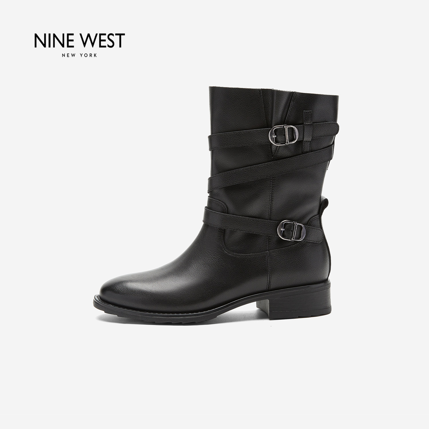 Nine West/玖熙复古风皮带扣骑士靴女秋冬中跟百搭机车靴通勤短靴