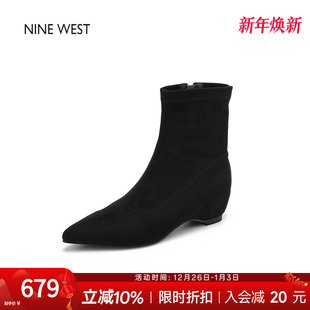 靴子女冬 玖熙尖头弹力瘦瘦靴袜靴粗跟短靴新款 奥莱专供Nine West