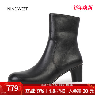 靴粗跟短靴女款 奥莱专供Nine 复古圆头时装 玖熙法式 高跟靴子 West