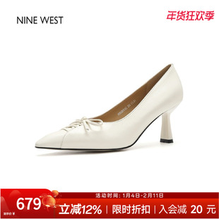 奥莱专供Nine West/玖熙法式复古尖头浅口单鞋女中跟蝴蝶结高跟鞋