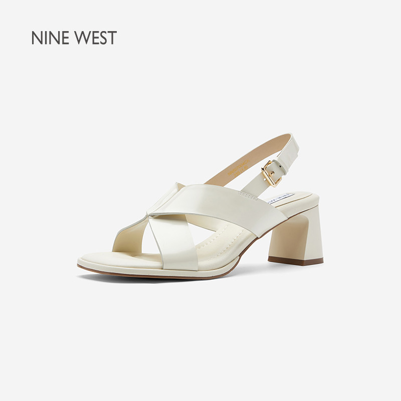 奥莱专供Nine West/玖熙方头粗跟凉鞋女一字扣带高跟鞋金属扣女鞋