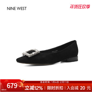 奥莱专供Nine West/玖熙法式复古尖头浅口单鞋女水钻方扣平底鞋