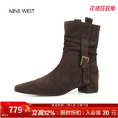 奥莱专供Nine 靴子冬 靴西部靴粗跟短靴女款 West 玖熙方头低跟时装