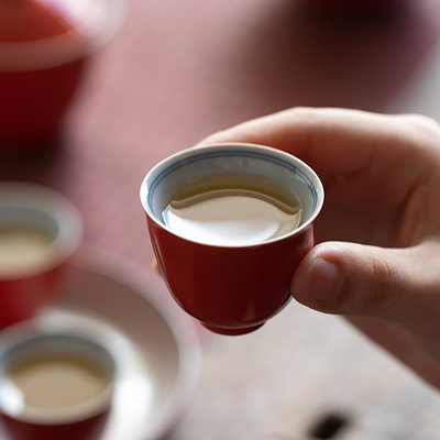 珊瑚红陶瓷茶杯家用品茗单个功夫