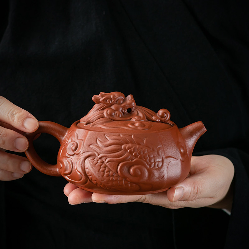 紫砂粗陶龙腾盛世功夫茶壶原矿朱泥家用泡茶壶手工浮雕单壶大容量