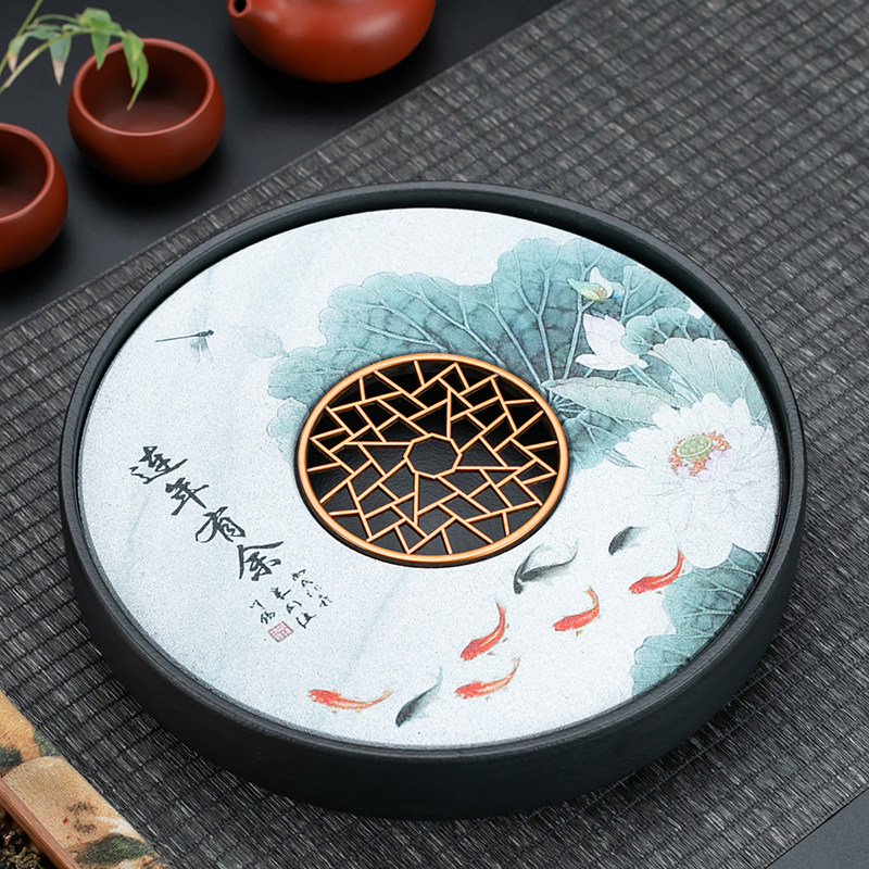 陶瓷圆形茶盘蓄水式茶海茶台镂空沥水盘家用干泡盘茶具托 托盘简