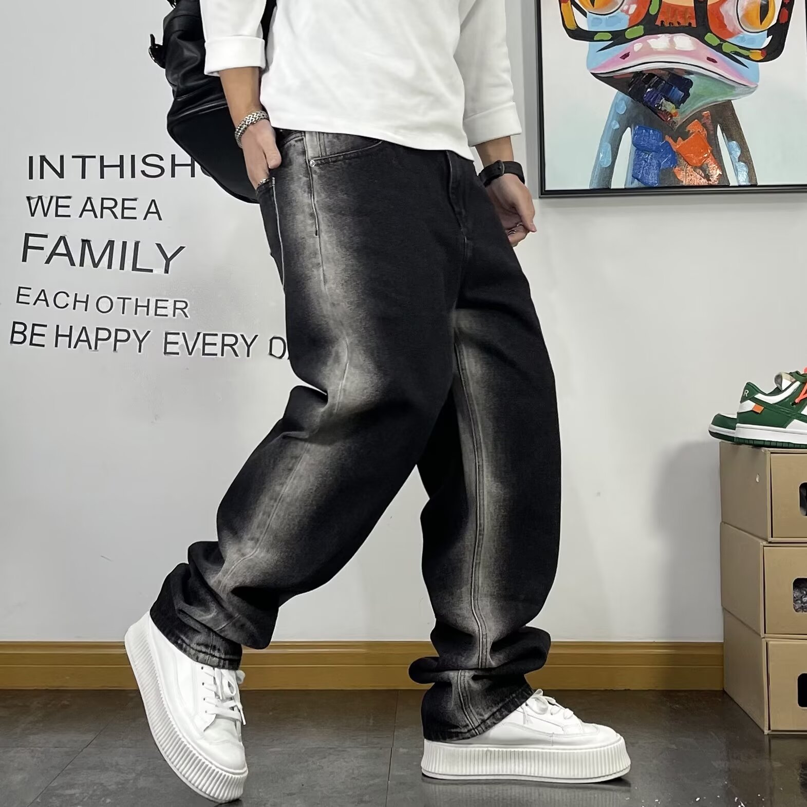 PANG哥大码宽松直筒牛仔裤