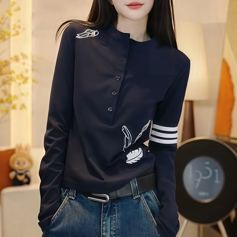 条纹刺绣半开领长袖T恤女2026春秋季爆款超好看设计感打底衫上衣