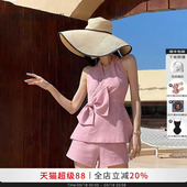 套装 PLANGE海棠粉棉麻挂脖蝴蝶结上衣短裤 女26SS MIMI 徐如蓝同款