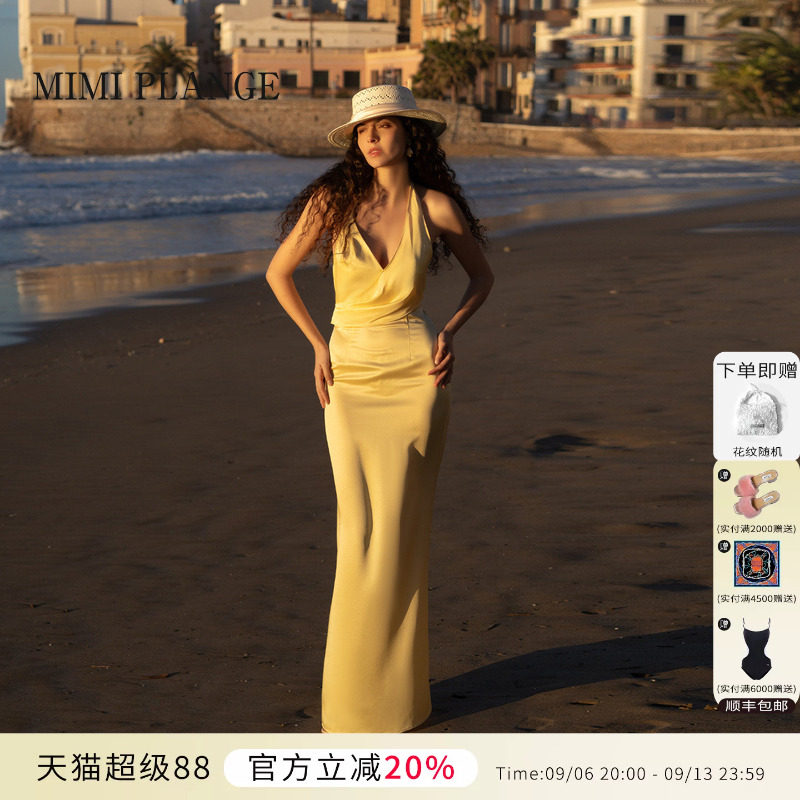 徐如蓝同款MIMI PLANGE挂脖V领微透修身一体式连衣裙海边度假裙女