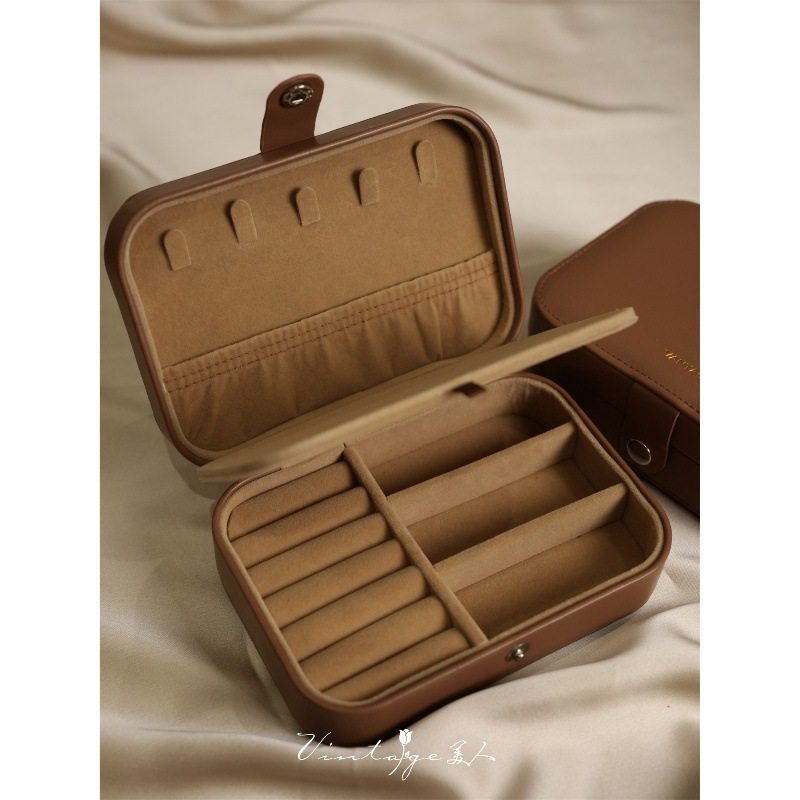 新款便携首饰盒大容量复古棕色高级感手串包装双层戒指项链