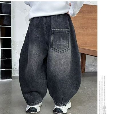 男童加绒裤子秋冬装儿童加厚牛仔裤2025新款宝宝冬季一体绒弯刀裤