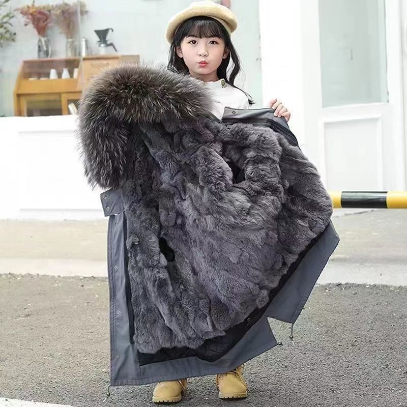 儿童派克服男女童可拆卸加厚仿獭兔毛皮草外套大毛领冬季中长棉衣