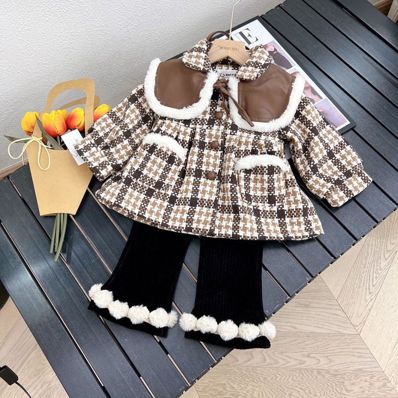 女童冬款套装2023新款洋气韩版加绒加厚童装儿童小香风呢子两件套