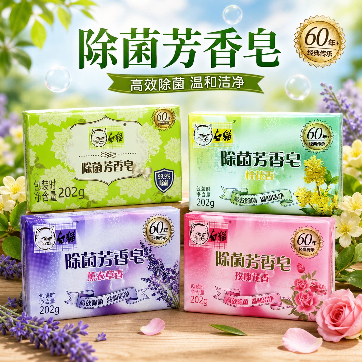 白猫洗衣皂尤加利除菌芳香皂202g衣物去污渍透明皂家用实惠装肥皂