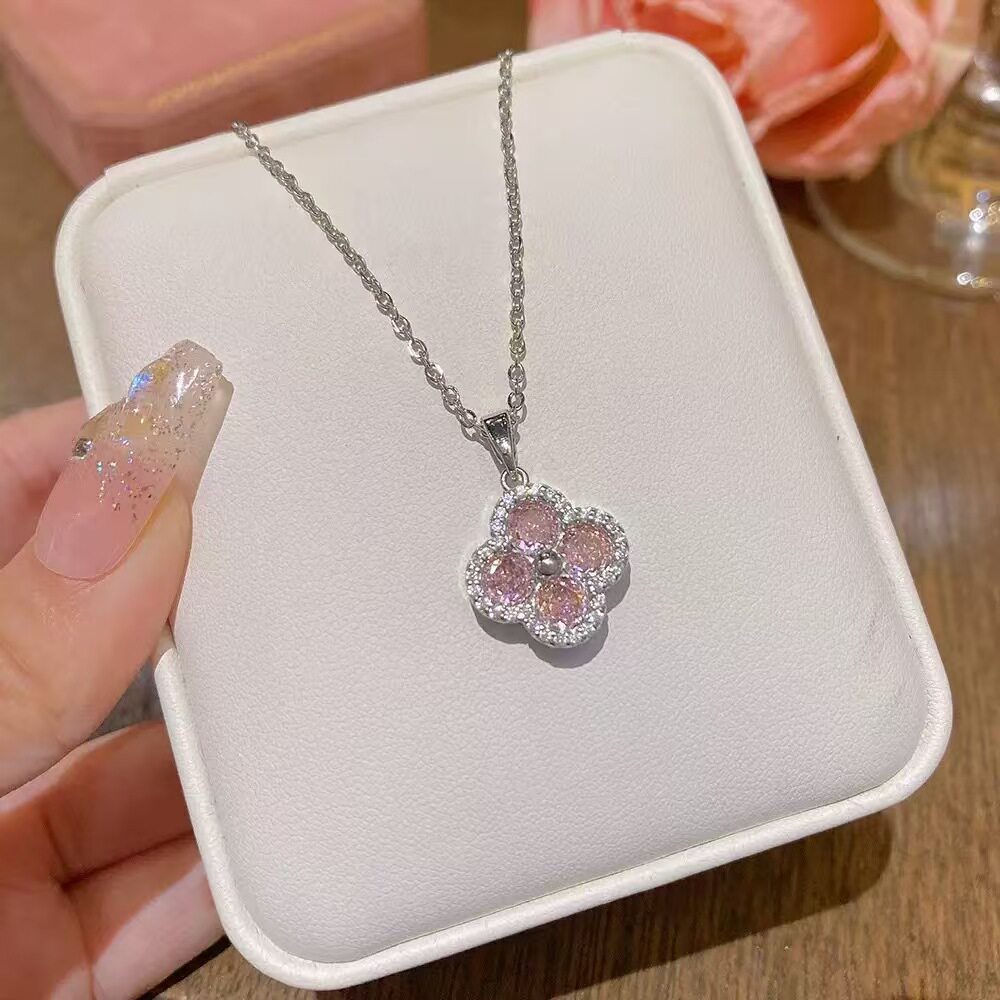 超闪粉色四叶草项链女款小清新甜项链
