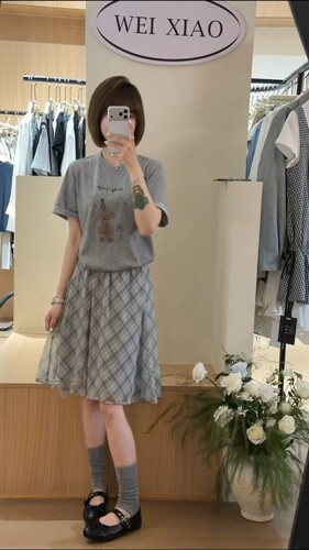 Eter 夏韩系卡通T复古格纹半身裙女高腰显瘦松紧腰格子短裙套装