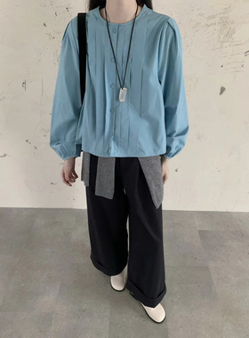 Eter 25韩春季新法式单排扣圆领褶皱衬衫宽松小清新小众衬衣女潮