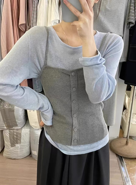 Eter 24韩慵懒风低圆领长袖上衣女装外搭吊带针织上衣女两件套