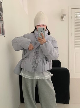 Eter 25冬韩新款木耳花边系带羽绒服女短款保暖白鸭绒面包服外套