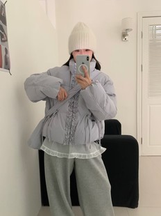 Eter 25冬韩新款木耳花边系带羽绒服女短款保暖白鸭绒面包服外套