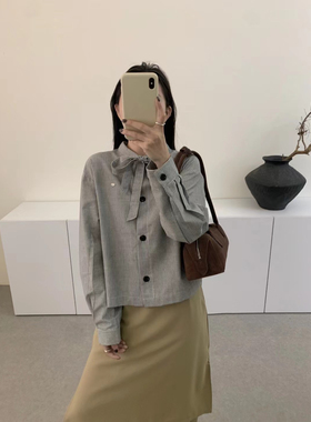 Eter 25韩春季新款条纹复古宽松显瘦长袖飘带衬衫女上衣秋盐系